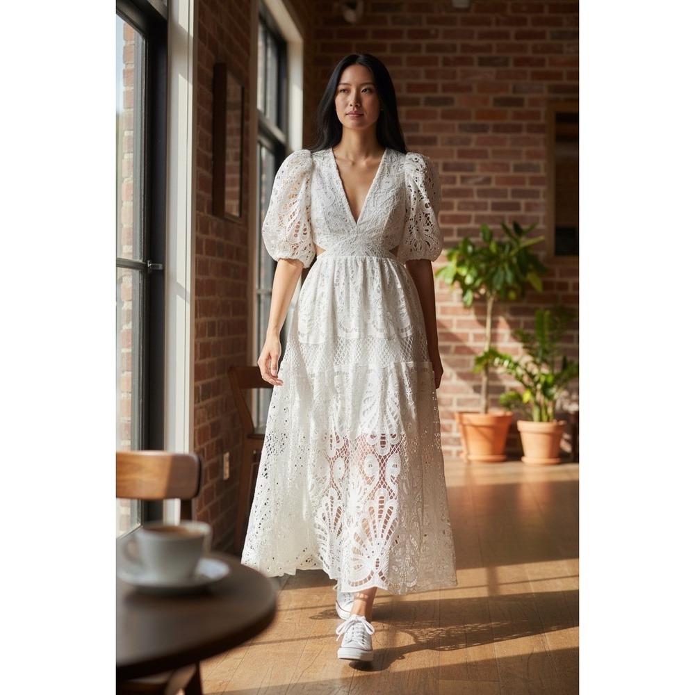Showpo NWT Showpo Anieshaya White Lace Dress Puff Sleeve US‎ 4